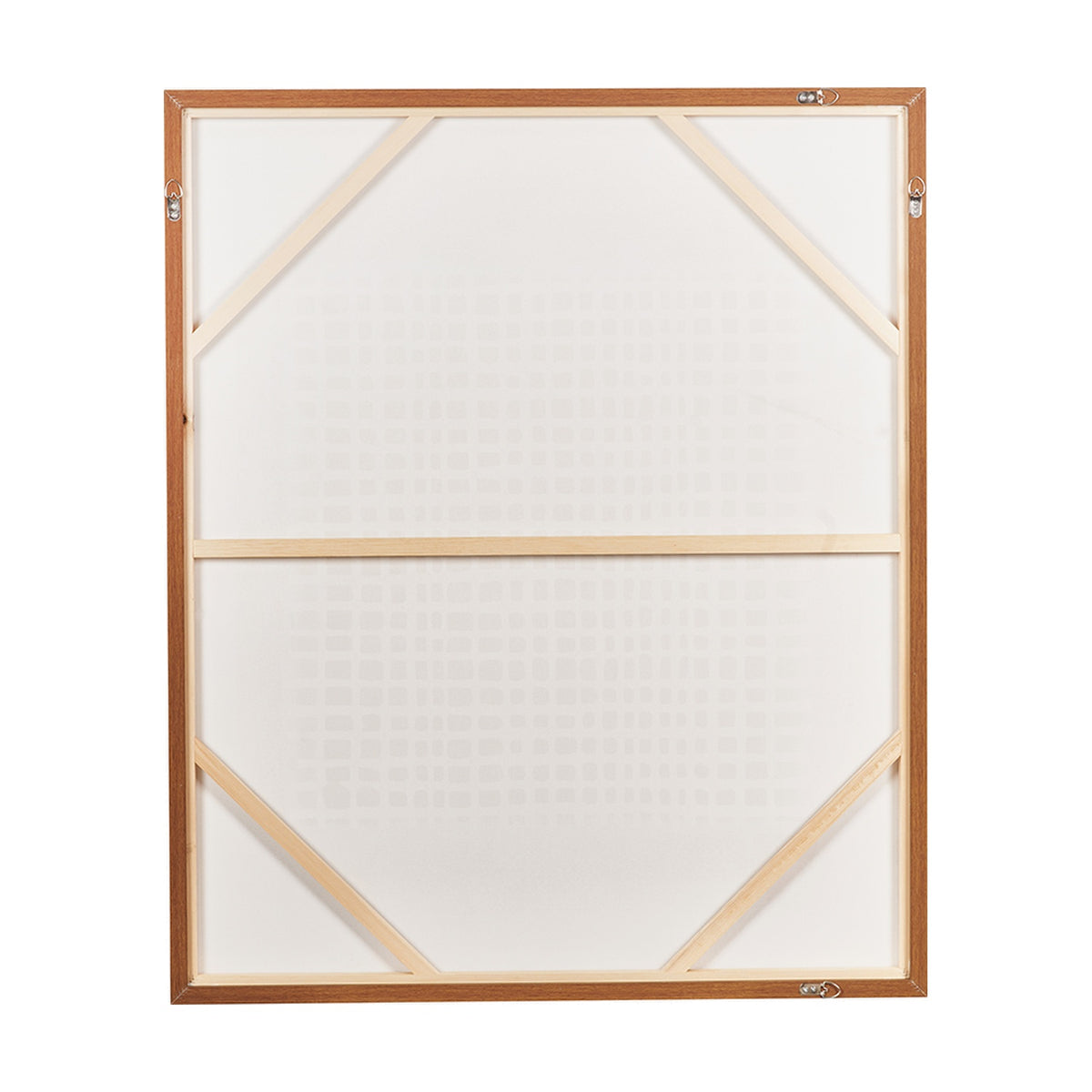Rear view of the Brown & Natural Grid Design Canvas showing the oak effect wooden frame, cross braces, and wall-mounting hooks against a plain white background.