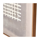 Corner detail of the Brown & Natural Grid Design Canvas showing a white grid pattern on a taupe background, framed in an oak effect wood frame.