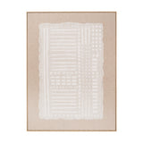 Textured white and natural abstract wall art canvas with linen surface and elm wood frame, featuring striped, dotted, and checked patterns on a plain background.