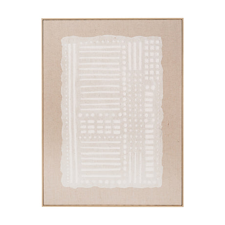 Textured white and natural abstract wall art canvas with linen surface and elm wood frame, featuring striped, dotted, and checked patterns on a plain background.