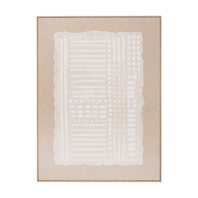Textured white and natural abstract wall art canvas with linen surface and elm wood frame, featuring striped, dotted, and checked patterns on a plain background.
