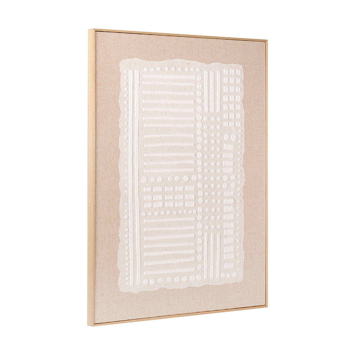 Textured white abstract wall art on natural linen canvas with elm frame, side angle view against a plain white background.