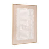 Textured white abstract wall art on natural linen canvas with elm frame, side angle view against a plain white background.