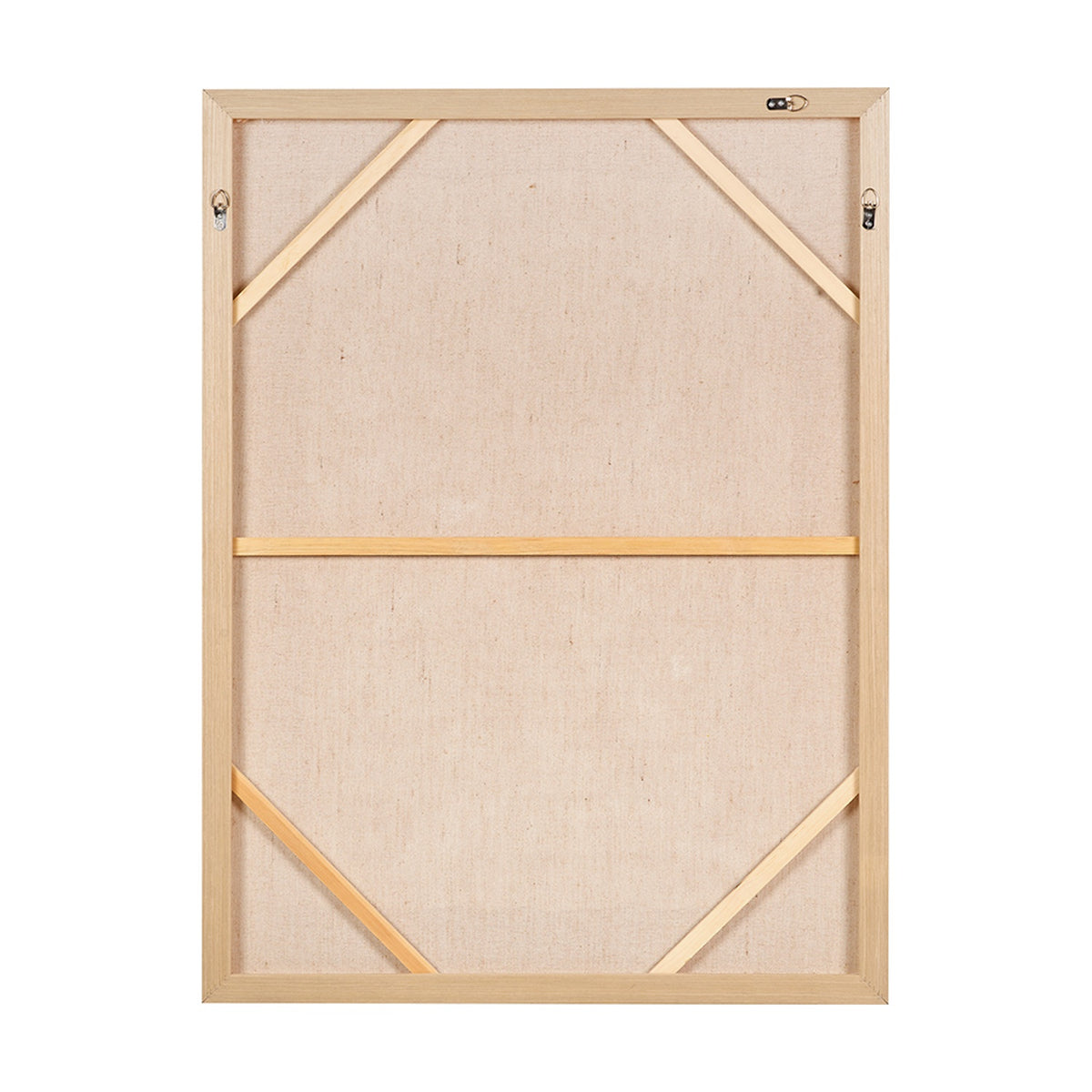 Reverse view of the Textured White & Natural Abstract Design Linen Canvas, showing an elm wood frame with cross bracing and two hanging fixtures on a linen backing.
