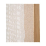 Close-up of textured white abstract wall art on natural linen canvas, showing raised circular and rectangular patterns beside a light elm wood frame edge.
