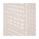 Close-up of a textured white and natural linen canvas wall art, showing raised geometric rows of dots, dashes, and rectangles in a natural weave finish.
