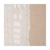 Textured white and natural linen canvas wall art with raised square, circle, and rectangle detailing on one half and plain woven linen on the other, elm frame.