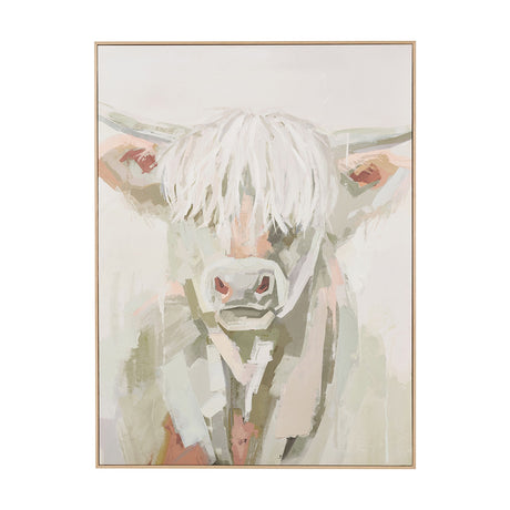 Sage & Naturals Highland Cow Canvas, 90 x 120cm, in a natural wood frame, painted in earthy green and cream tones on a plain white background.