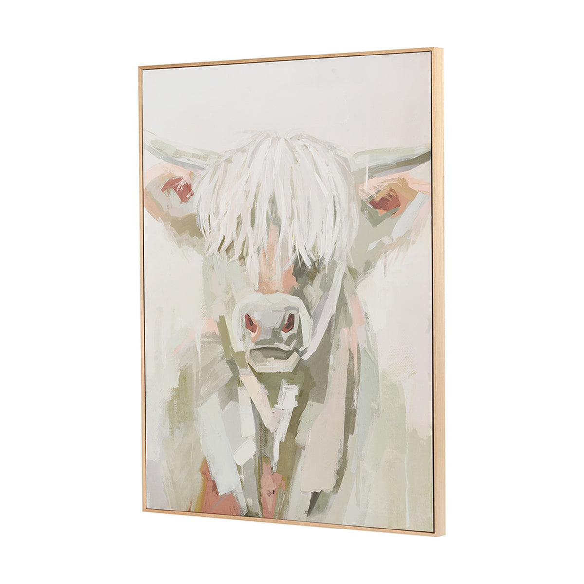 Sage & Naturals Highland Cow Canvas in a natural wood frame, painted in soft sage green and cream tones, shown at an angle against a plain white background.
