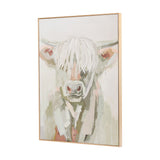 Sage & Naturals Highland Cow Canvas in a natural wood frame, painted in soft sage green and cream tones, shown at an angle against a plain white background.