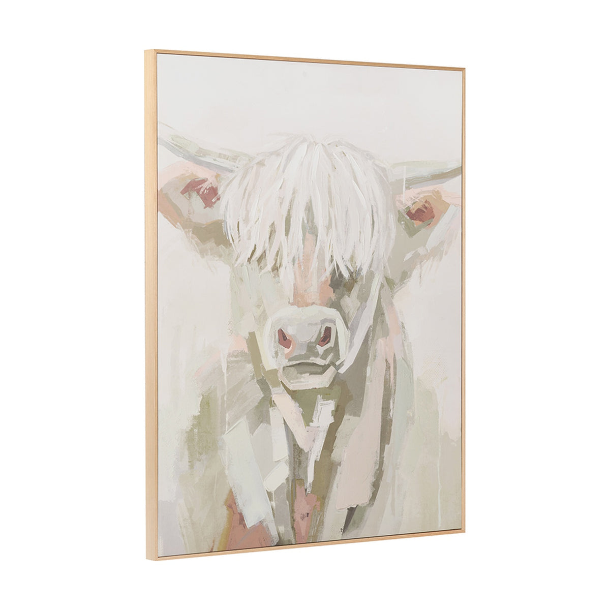 Highland cow canvas wall art, 90 x 120cm, in a natural wood frame, painted in soft sage, cream and blush tones, shown at an angle on a plain white background.