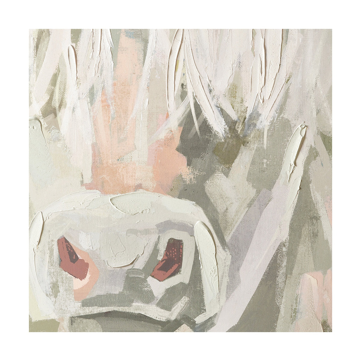 Sage & Naturals Highland Cow canvas wall art, 90 x 120cm, abstract painterly design in sage green and blush tones with a natural frame.