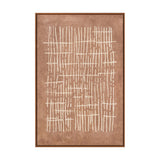 Canvas wall art with abstract cream linear crosshatch pattern on a brown background, framed in an oak effect wood frame, shown on a plain white background.
