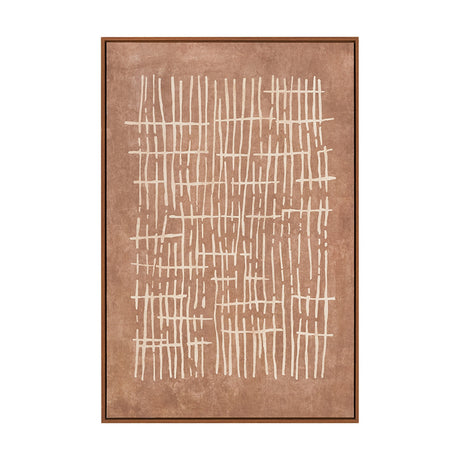 Canvas wall art with abstract cream linear crosshatch pattern on a brown background, framed in an oak effect wood frame, shown on a plain white background.
