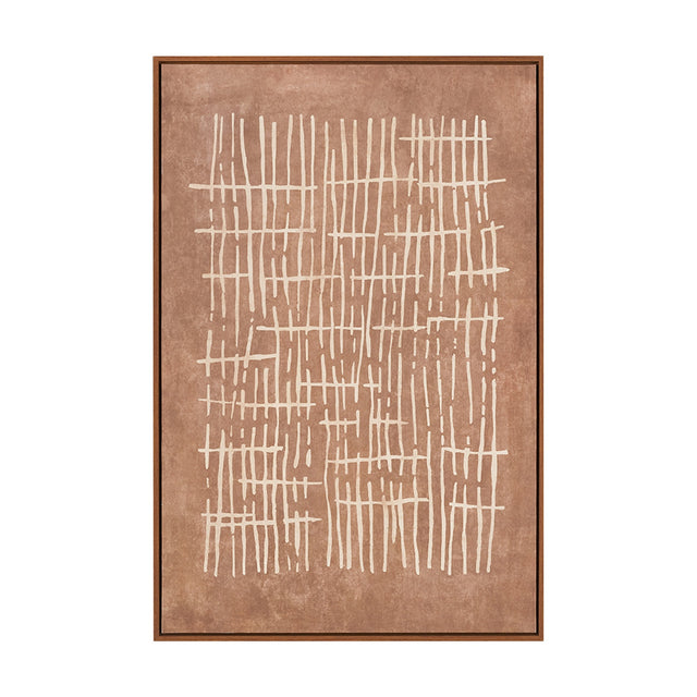 Canvas wall art with abstract cream linear crosshatch pattern on a brown background, framed in an oak effect wood frame, shown on a plain white background.