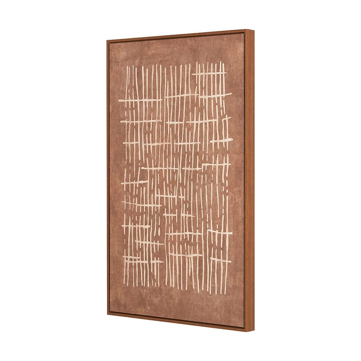 Canvas wall art in an oak effect frame, featuring a cream abstract crosshatch linear design on a brown background, shown at an angle on a plain white background.
