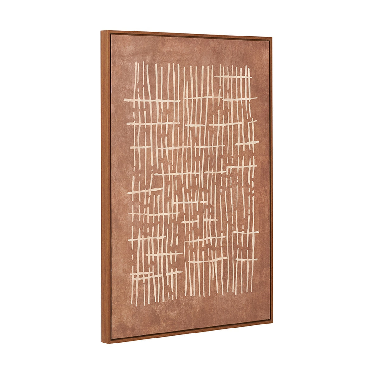 Canvas wall art in an oak effect frame, side angle view showing a brown background with an abstract natural cream linear crosshatch design, set against a plain white background.