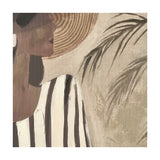 Canvas wall art detail showing a woman in a striped hat and dress in profile, earthy tones, with palm leaf motif against a neutral background.