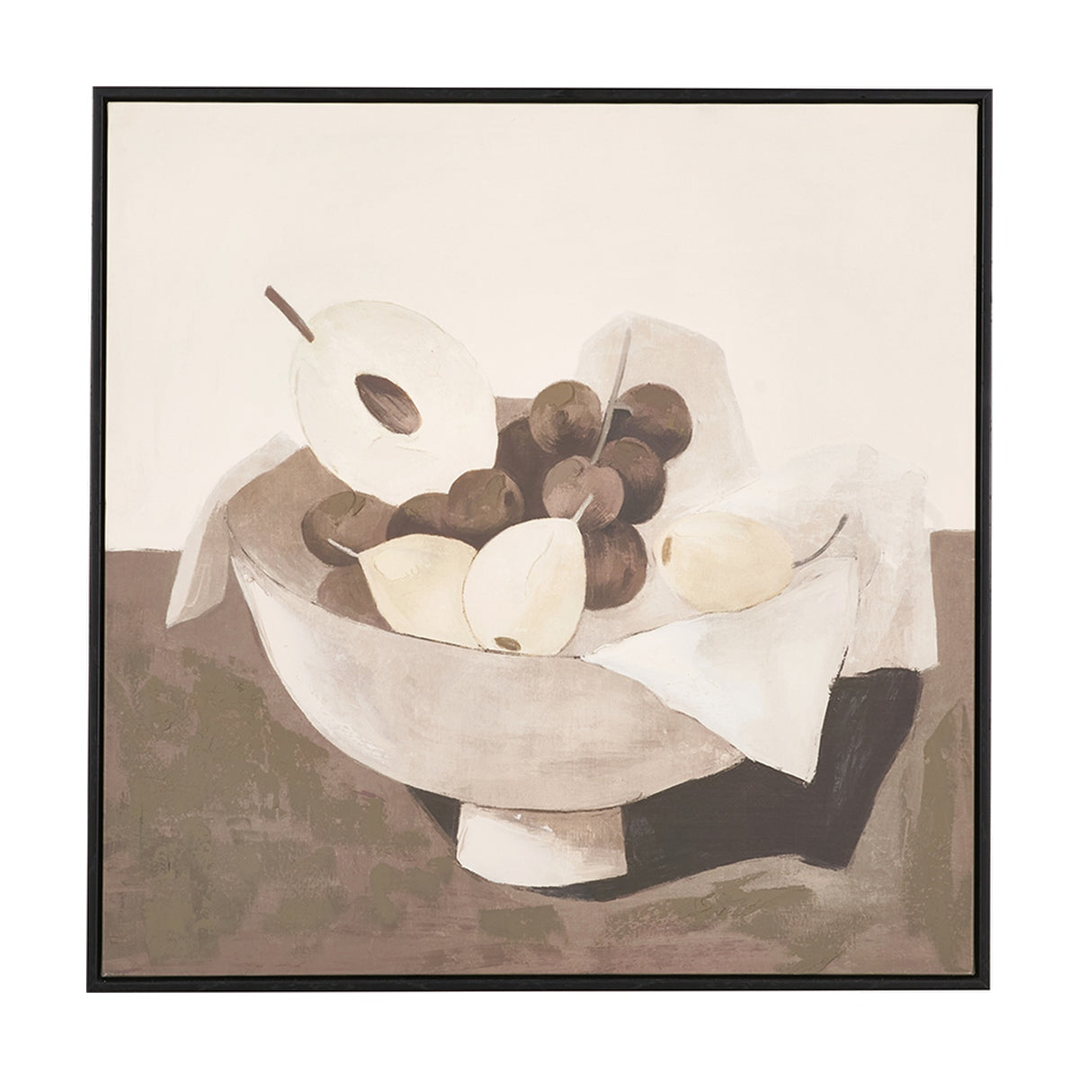 Fruit Design Canvas with Black Frame, 70 x 70cm, depicting a still life bowl of pears and grapes on a draped cloth in muted earthy tones on a light background.