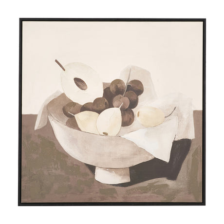 Fruit Design Canvas with Black Frame, 70 x 70cm, depicting a still life bowl of pears and grapes on a draped cloth in muted earthy tones on a light background.