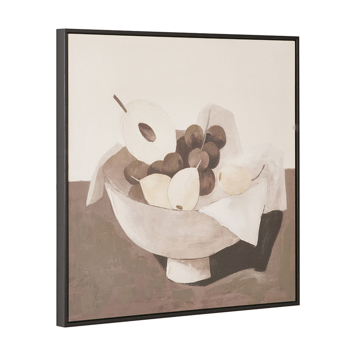 Fruit Design Canvas with Black Frame, 70 x 70cm, still-life painting of a bowl with pears and grapes in earthy tones, shown at an angle on a plain white background.