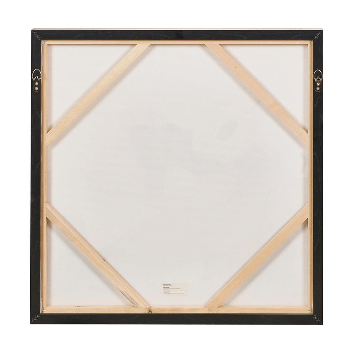 Reverse view of the Fruit Design Canvas with Black Frame, 70 x 70cm, showing wooden cross-brace supports, hanging hooks, and a black outer frame against a plain white background.