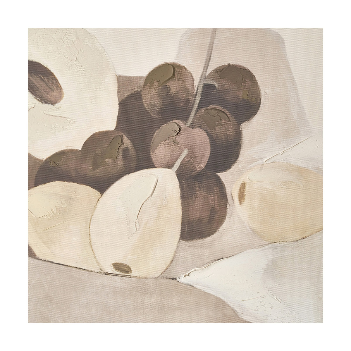 Fruit Design Canvas with Black Frame, 70 x 70cm, showing a still life of dark plums and pale fruit in muted earthy tones, painted in a soft realist style.
