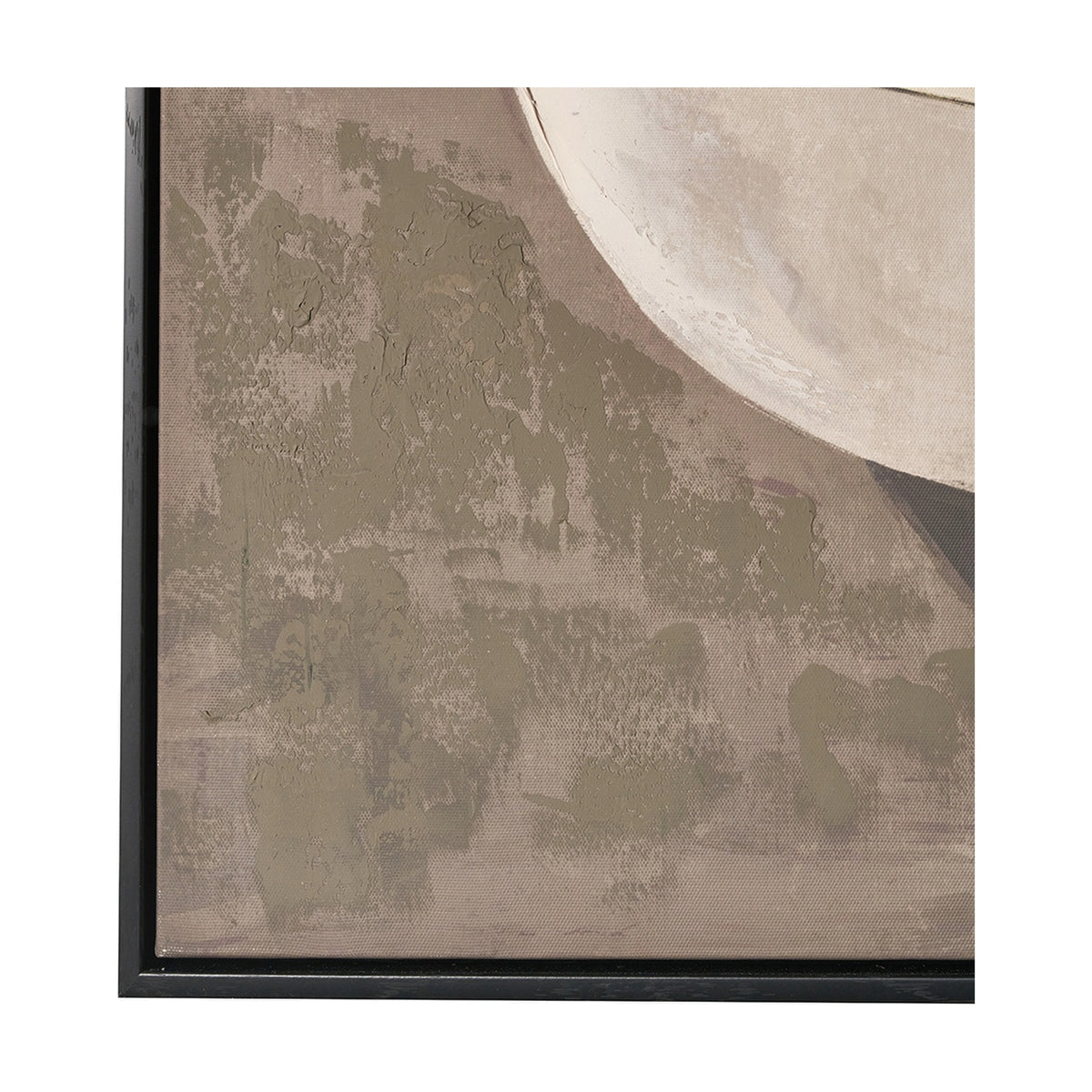 Close-up of the Fruit Design Canvas with Black Frame, 70 x 70cm, showing textured earthy tones and a curved cream shape against a mottled taupe surface within a black frame edge.