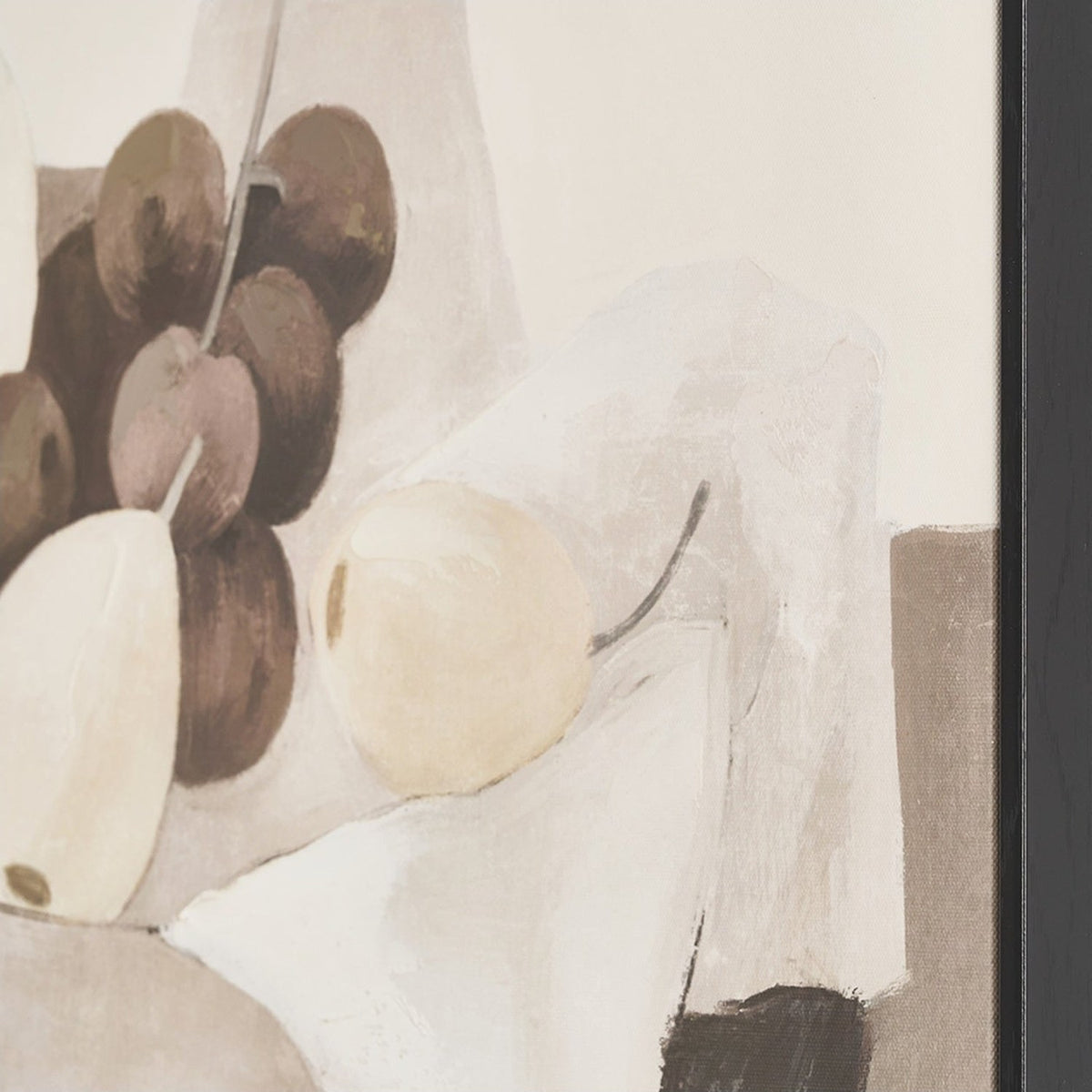 Fruit Design Canvas with Black Frame, 70 x 70cm, close-up of painted grapes, pears and drapery in earthy brown and cream tones against a neutral background.