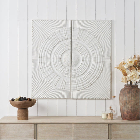 Set of 2 Antique White Moulded Iron Circle Metal Wall Art - 46 x 91cm