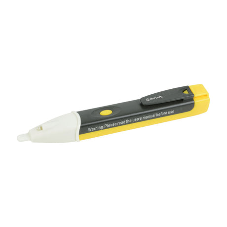 Mercury non-contact voltage test pen with yellow and black casing, white LED tip, yellow button and pocket clip, on a white background.
