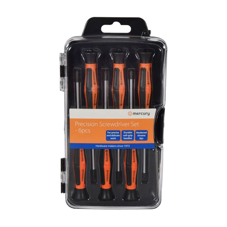 Mercury 6-piece precision screwdriver set with black and orange soft-grip handles in a clear plastic storage case, including slotted and Phillips tips.