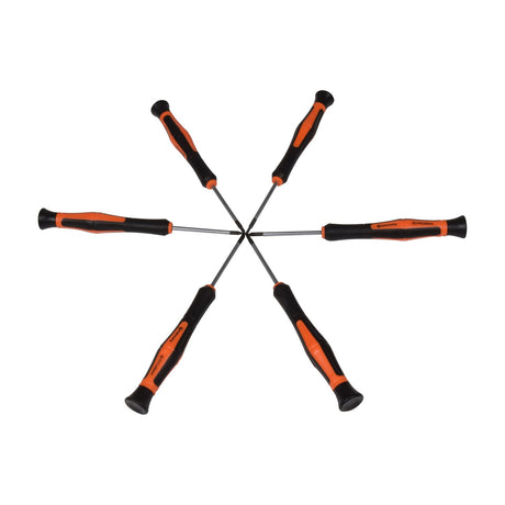 Mercury 6-piece precision screwdriver set with black and orange soft-grip handles arranged in a radial star pattern on a white background.