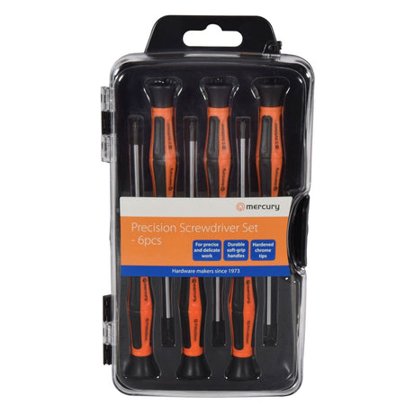 The Mercury 6 Pack Precision Screwdriver Set includes six chrome vanadium precision screwdrivers with orange and black soft grip handles, all in a clear plastic case with a detailed features label.
