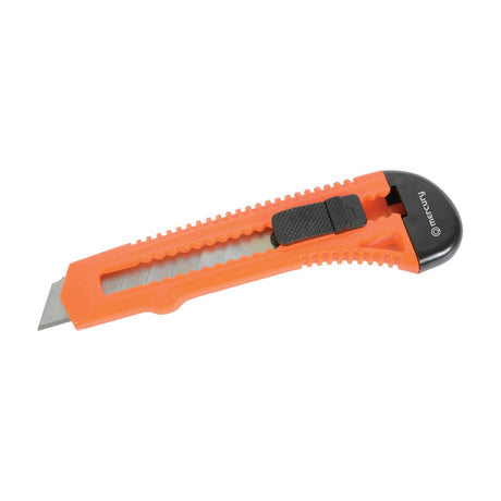 Mercury retractable craft knife with orange ABS plastic handle, black thumb lock slider, and extended snap-off steel blade on a white background.