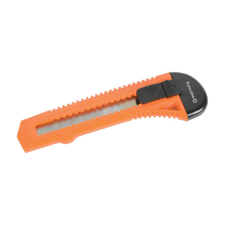 Mercury retractable craft knife with orange ABS plastic handle, black thumb lock slider and snap-off steel blade, shown on a plain white background.