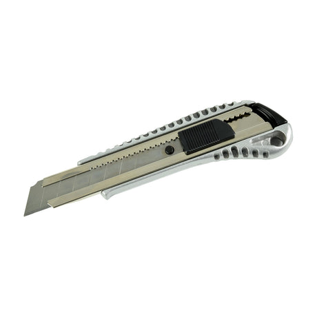 Mercury aluminium craft knife with snap-off hardened steel blade, black TPR thumb slider and locking mechanism, shown on a plain white background.