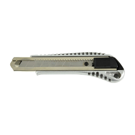 Mercury aluminium craft knife with snap-off hardened steel blade, black thumb lock slider and ridged metal handle, shown on a plain white background.