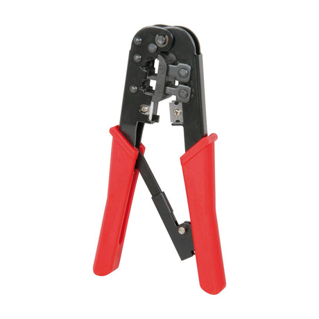 Mercury ratchet modular crimping pliers with black steel body and red handles for 6P and 8P RJ-45, RJ-12 and RJ-11 plugs, on a white background.