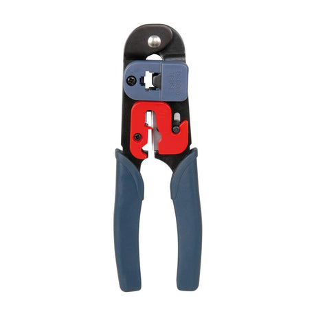Mercury RJ45 ratchet crimping tool and wire stripper by AVSL with black head, red stripping jaw and blue rubber grip handles on a white background.