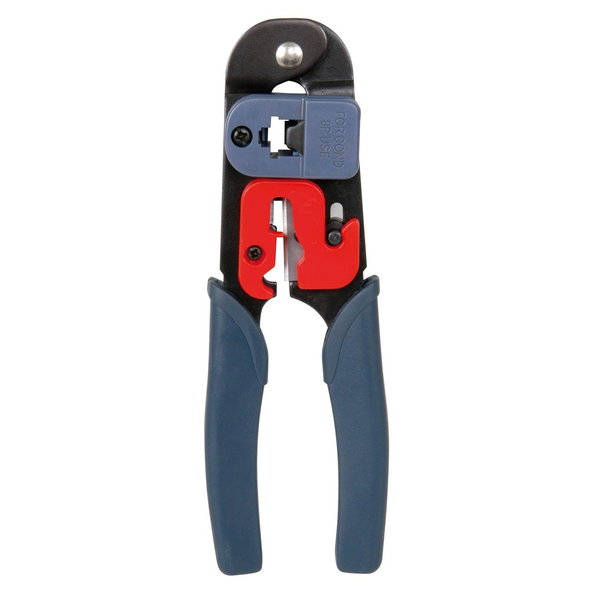 The Mercury Crimping Tool With Wire Stripper features blue handles, a black metal body, and red-blue adjustable parts for cutting, stripping, and crimping wires or network cables such as RJ45 connectors.