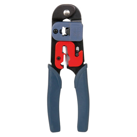 The Mercury Crimping Tool With Wire Stripper features blue handles, a black metal body, and red-blue adjustable parts for cutting, stripping, and crimping wires or network cables such as RJ45 connectors.