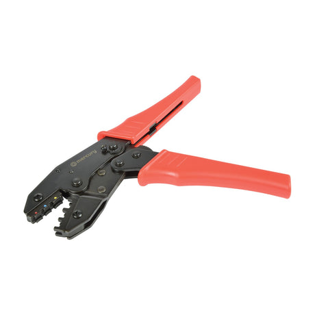 Mercury ratchet-action insulated terminal crimping pliers with red cushioned PP grips and black steel body showing colour-coded crimp channels, on white.