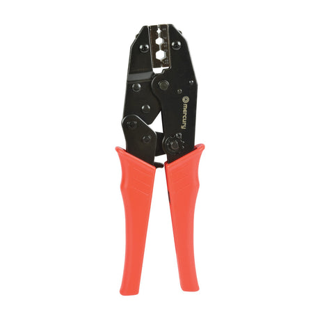 Mercury ratchet-action coaxial crimping pliers with black steel body and red cushioned PP grips, shown upright on a plain white background.