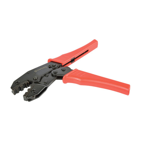 Mercury ratchet-action coaxial crimping pliers with black steel body and red cushioned PP grips, shown open on a plain white background.
