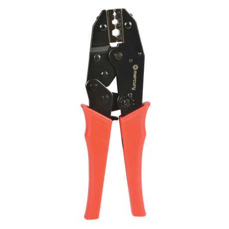 The Mercury Coaxial Crimping Pliers feature black metal jaws and bright red handles, perfect for crimping hex connectors onto wires or coaxial cables during electrical work.