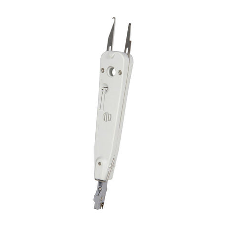 Mercury IDC punch-down tool with white plastic handle, stainless steel hook and blade heads, and grey terminating tip, shown on a plain white background.