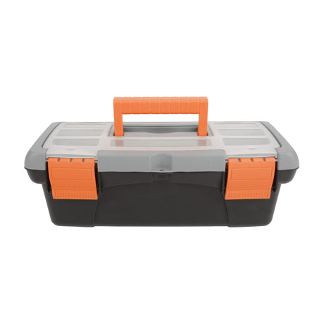Mercury small plastic toolbox with black base, grey lid compartments, orange carry handle and twin clasps, shown on a white background.