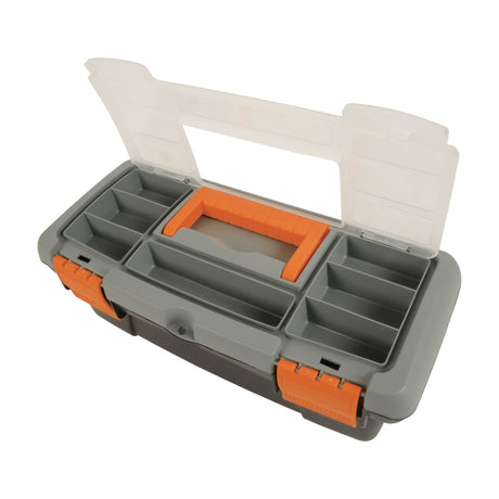 Mercury small plastic toolbox open to show grey compartments, orange handle and clasps, and transparent lid with sections, on a white background.
