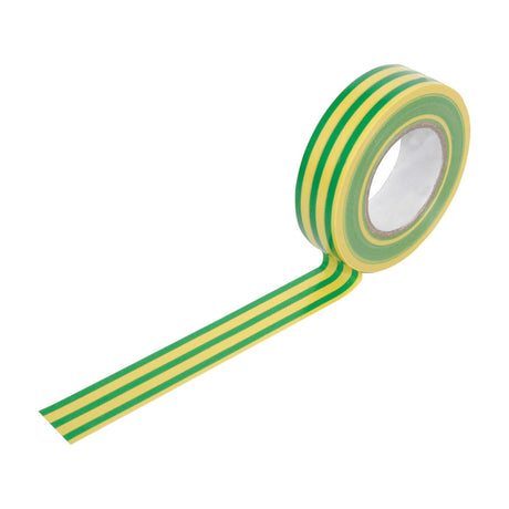 Ultra Tape PVC electrical insulation tape roll in green and yellow stripes, 19mm x 20m, partially unwound on a plain white background.